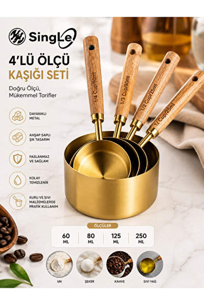 Single 4 Adet Büyük Boy Paslanmaz Çelik Ahşap Saplı Ölçü Kaşığı Seti 60ml 80m...
