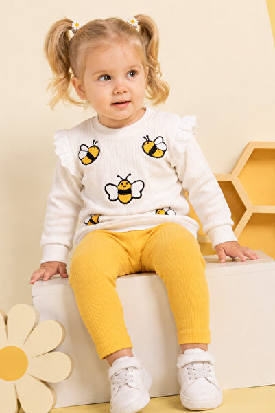 Rocha Baby Baby Girl Bee Embroidered Scallop Detailed Ribbed Double Set Musta...