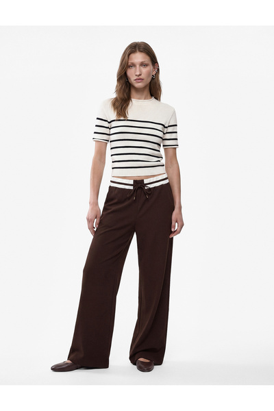 Koton High Waist Lace-Up Wide Leg Trousers with Pockets and Striped Tape Detail