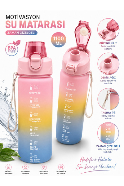 monthiron Motivational Water Bottle 1100 ml with Time Schedule, Leak-Proof, L...