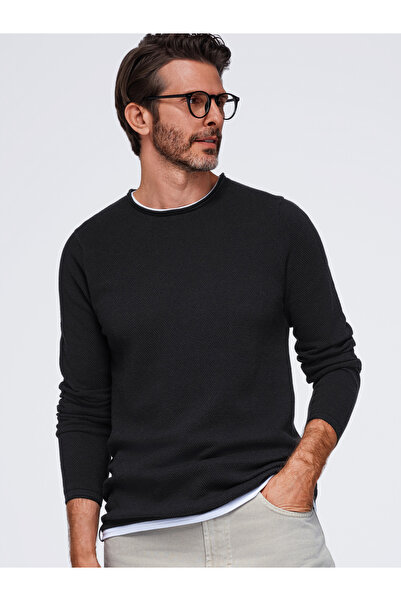 OMBRE Pulover bărbătesc din bumbac cu decolteu rotund - negru V1 OM-SWSW-0103 XL