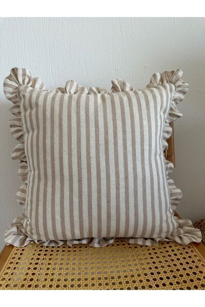 shules collection Washed Linen Beige Striped Bohemian Ruffled Cushion Cover