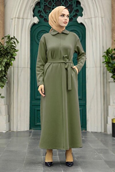 Neva Style Zippered Khaki Hijab Dress 17872Hk