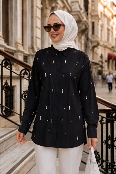 Neva Style Taş Detaylı Poplin Siyah Tesettür Gömlek 15275S