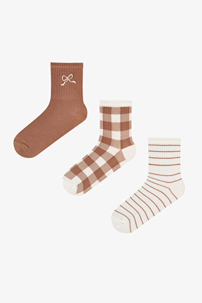 Penti Kahve Bej Browny Bowtie Fiyonk Desenli Pamuklu 3 Çift Soket Çorap