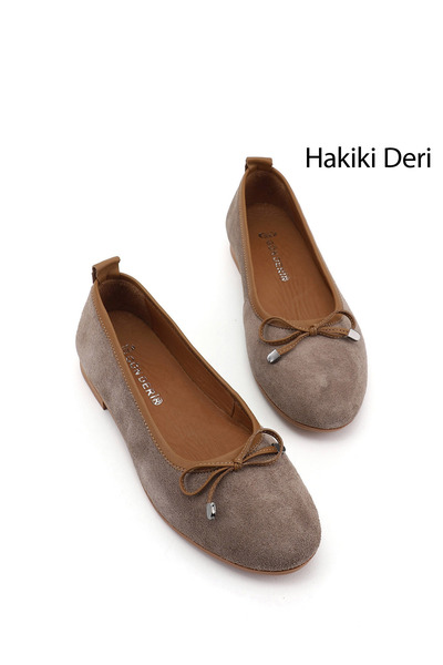 GÖNDERİ(R) Women's Mink Suede Bowknot Genuine Leather Ballerinas