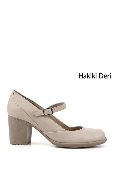 GÖNDERİ(R) Women's Light Beige Thick Heeled Mary Jane Genuine Leather Shoes