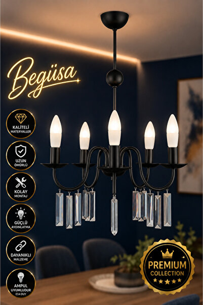 Begüsa Varan 5.Li Taşlı Avize Siyah
