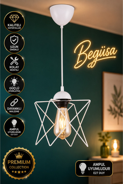 Begüsa Modes Tekli Beyaz Avize, Modern Sarkıt Avize, Dekoratif Tavan Aydınlat...