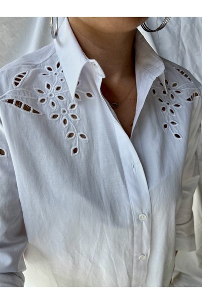 Gözde Tasarım Butik Women's White Color Regular Fit Scalloped Shirt