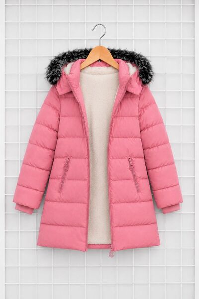 REGOS Kız Çocuk Pembe Şişme Mont Kapüşonlu Kürklü Kışlık Uzun Model