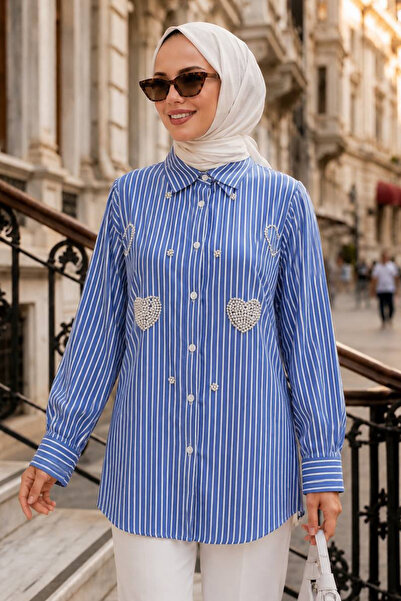 Neva Style Aplike Detaylı Çizgili Poplin Sax Mavisi Tesettür Gömlek 15743SX