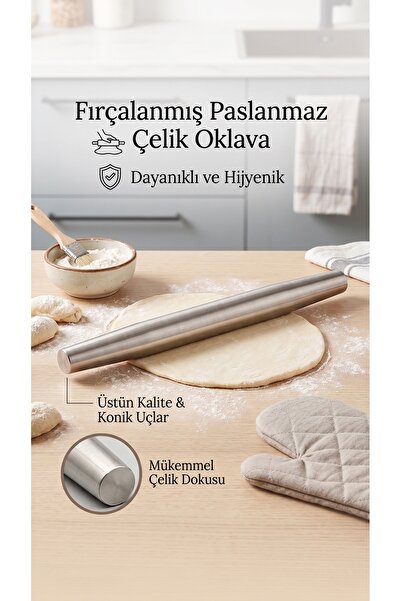 Elif Türkan Paslanmaz Çelik Oklava French Merdane 304 Kalite Hijyenik Hamur A...