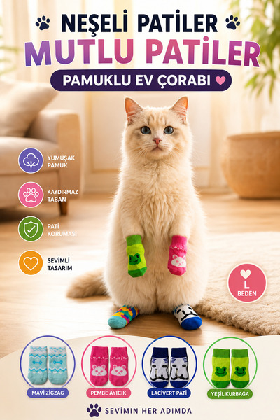 House Bird Neşeli Patiler Figürlü Pamuklu Ev Çorabı L Beden
