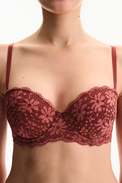 Penti Bordo Pop Dantelli Çiçekli Pedli Push Up Sütyen