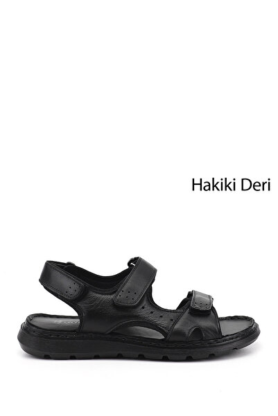 GÖNDERİ(R) Men's Black Adjustable Velcro Strap Genuine Leather Sandals