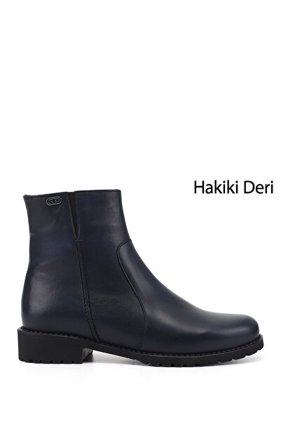 GÖNDERİ(R) Women's Navy Blue Antique Zippered Rubber Sole Genuine Leather Boots