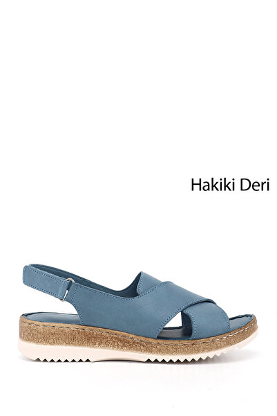 GÖNDERİ(R) Kadın Mavi Antik Cırt Bantlı Dolgu Topuk Hakiki Deri Sandalet