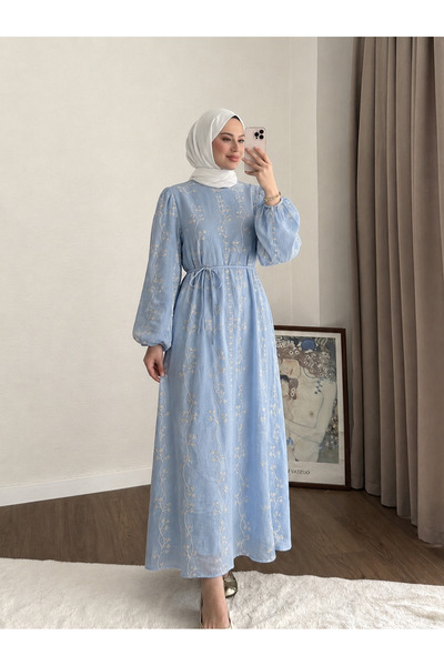 RFK Butik Kadın Bel Bağlamalı Nakış Detaylı Tensel Elbise - Mavi