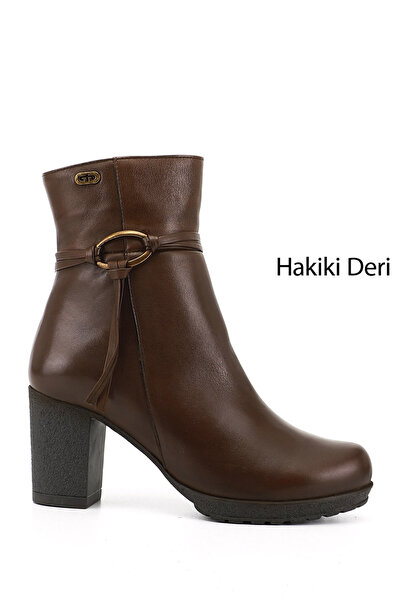 GÖNDERİ(R) Women's Brown Antique Zippered Thick Heeled Genuine Leather Boots