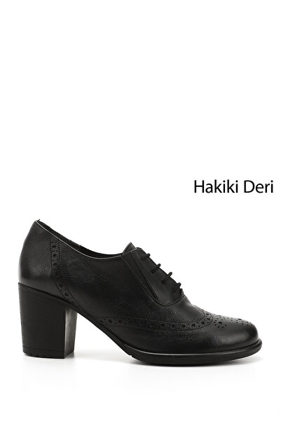 GÖNDERİ(R) Women's Black Lace-Up Medium Thick Heeled Genuine Leather Oxford S...