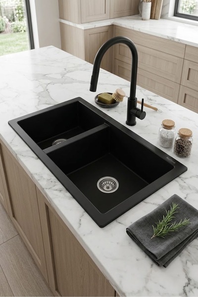 RealStone P018 Bergama 1.5 Göz Granit Evye 700*460 mm Siyah