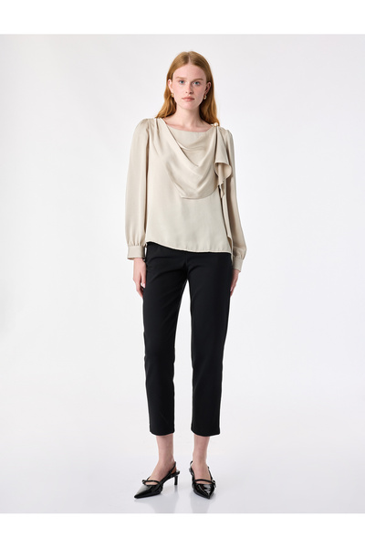 Koton Flowy Draped Shawl Collar Long Sleeve Satin Blouse with Metal Accessories