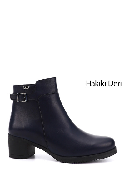 GÖNDERİ(R) Women/Girls Navy Blue Antique Zippered Thick Heeled Genuine Leathe...