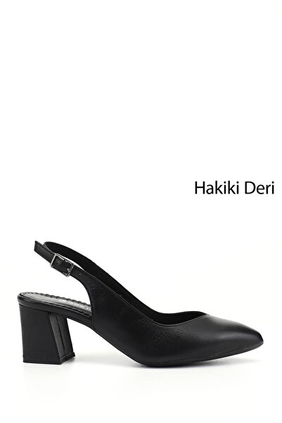 GÖNDERİ(R) Women's Black Thick Heeled Open Back Genuine Leather Shoes