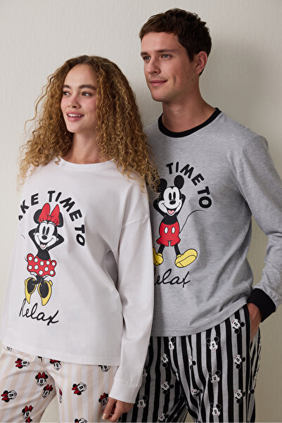 Penti Optical White Mickey Mouse Printed Cotton Long Sleeve Pajama Set