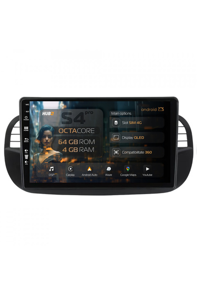 HUB64 Navigație Android Fiat 500 (2007-2014), 9 inch, 4GB RAM, CarPlay și And...