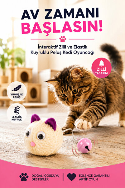 Genel Markalar İnteraktif Zilli Elastik Kuyruklu Peluş Kedi Avcı Oyuncağı Har...
