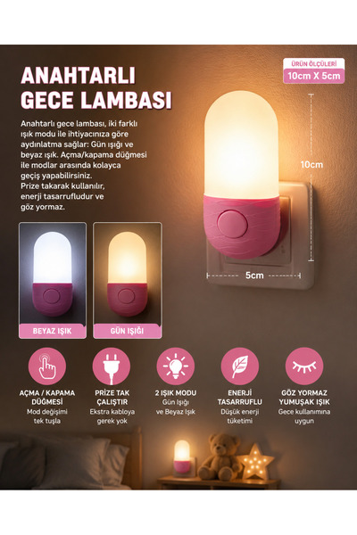 kialed Pembe Gece Lambası LED Priz Tipi Gün Işığı Beyaz Işık 2 Modlu Bebek Ço...