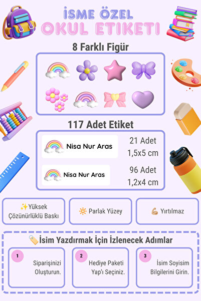 Mindpad 117 Adet Kişiye Özel Okul Etiketi, Özel İsim Yazılabilen Etiket Seti,...