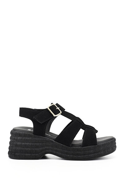 GÖNDERİ(R) Women's Black Suede Wedge Heel Sandals