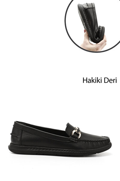 GÖNDERİ(R) Women's Black Buckle Rok Genuine Leather Comfort Loafer