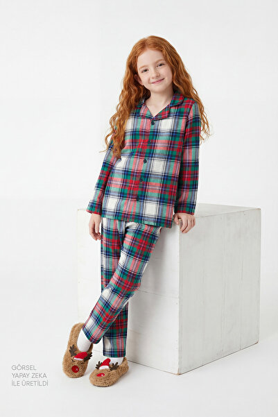 Penti Unisex Children's Plaid Light Long Sleeve Buttoned Cotton Pajama Set