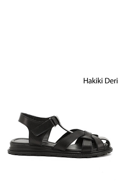 GÖNDERİ(R) Kadın Siyah Cırt Bantlı Burnu Kapalı Hakiki Deri Sandalet