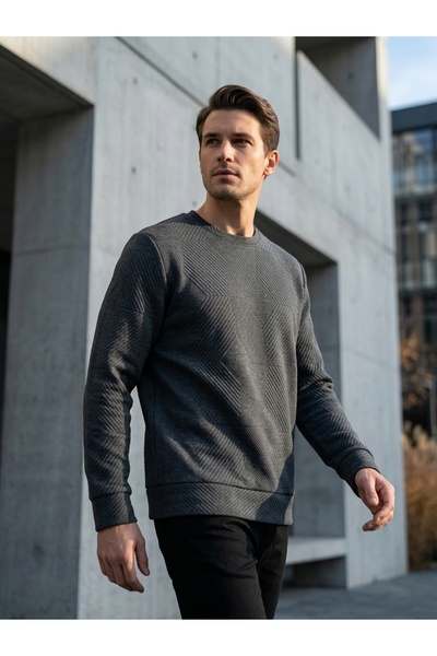 SÜVARİ Φούτερ Süvari Loose Cut O Neck με καπιτονέ έθνικ σχέδιο γκρι