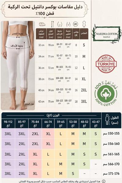 NAEEMA COTTON طقم سراويل داخلية نسائية بيضاء من 5 قطع، مصنوعة من الدانتيل تحت الركبة، 100% قطن، خصر مرتفع، بنقشة قلوب