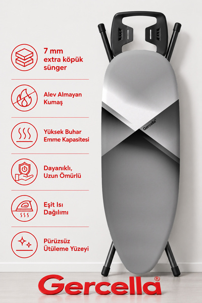 GERCELLA Xxl(57X162 CM) Prestige Ütü Masası Kılıfı Bezi Örtüsü Grey