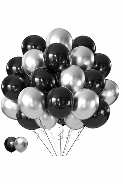 BALON DİYARI 12 Adet Siyah & Gümüş Metalik Balon Buketi