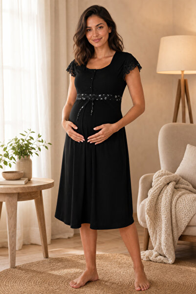 ByLohusa Effortt Black Lace Maternity Nightgown