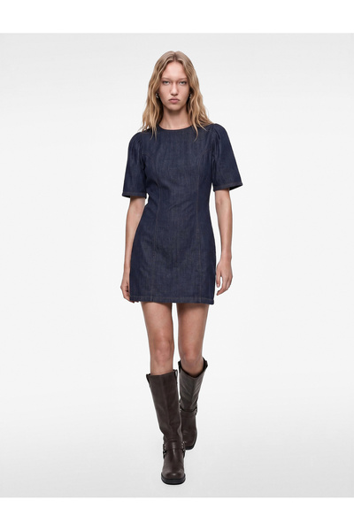 Koton Cotton Short Balloon Sleeve Crew Neck Mini Denim Dress with Stitching D...