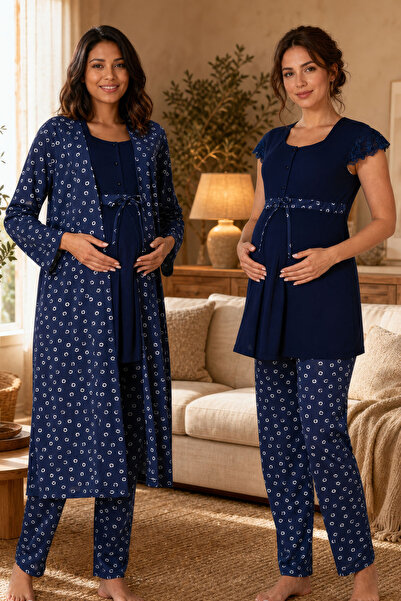 ByLohusa Patterned Dressing Gown Maternity Pajama Set Effortt - Navy Blue