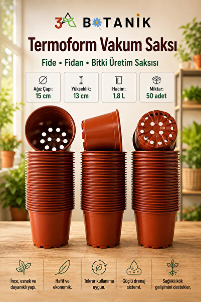 3A BOTANİK Termoform Bitki Üretim Saksısı, 15x13 cm 1,8 Litre Fide Fidan Bitk...