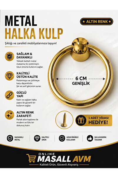 MASALL Naz halka kulp (6 cm ) metal vidalı. Dolap,pormanto,konsol,şifonyer, k...