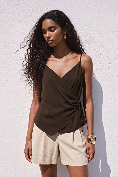 Sateen Strappy Double-Breasted Blouse - Brown