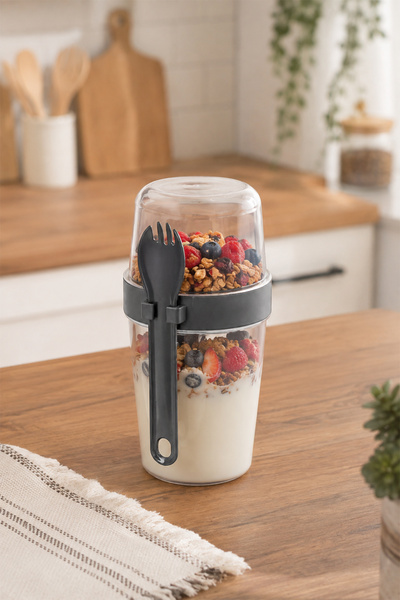 Porsima 5817 Yoğurt Müsli Kabı – Kendinden Kaşıklı Pratik Taşınabilir Kaşıklı Atıştırmalık Kabı-Antrasit 400ml+200ml