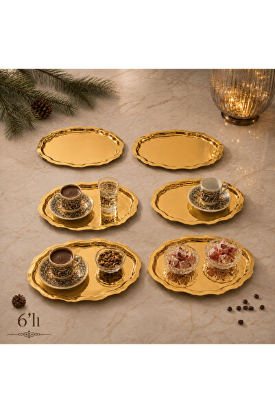SUNVERA ÇELİK 6'lı Mini Dalgalı Oval Gold Paslanmaz Çelik Kahve Sunum Tepsisi...